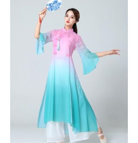 blue with pink Chinese folk Classical dance costumes ancient female traditional folk classical performance clothes yangge umbrella dance wear modern dance practice clothes fairy dance hanfu